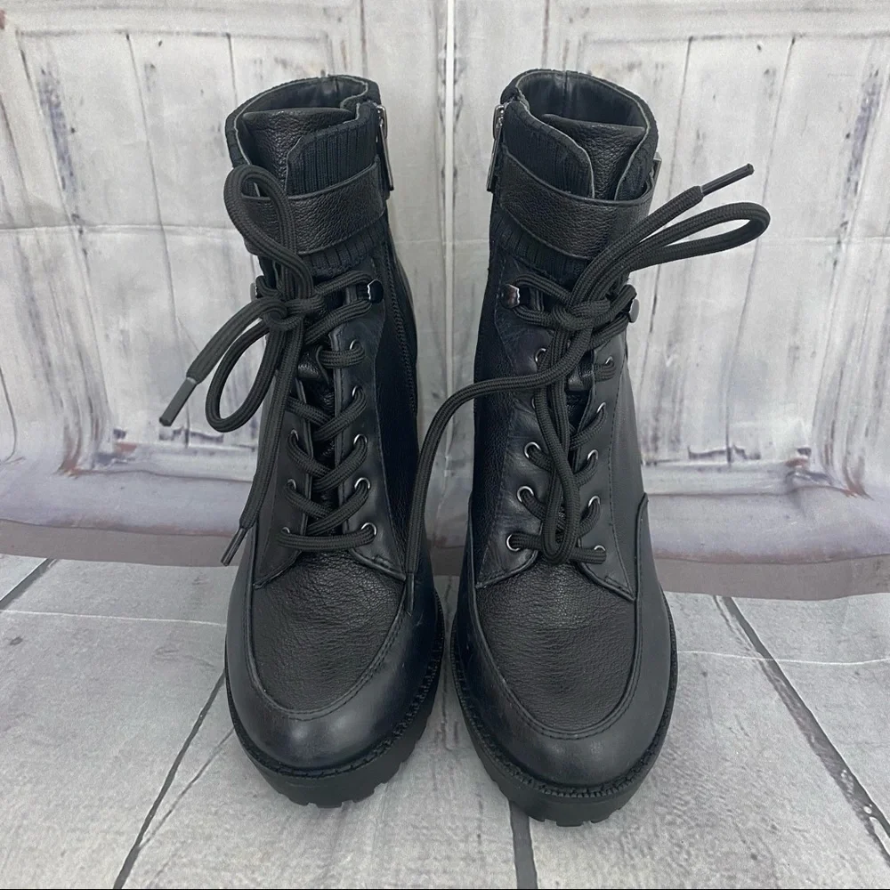 Antonio Melani Size 7.5M 7.5 Black Leather Lace Up Chunky Ankle Booties Zip - Picture 4 of 15